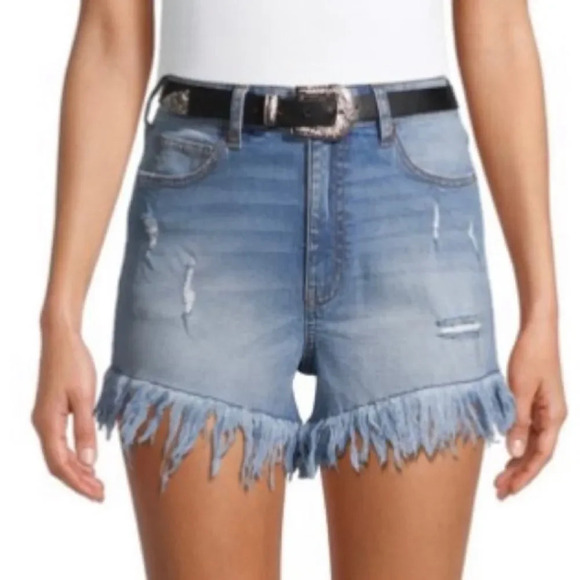 High Rise Festival Fray Hem Denim Shorts - Picture 1 of 7